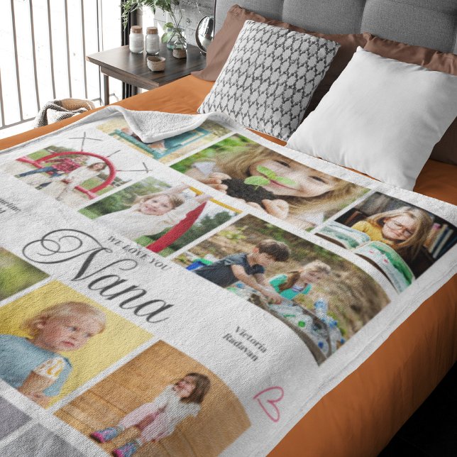 Nana We Love You Personalised Hearts Fleece Blanket (Nana large fleece blanket with personalized photos and text.)
