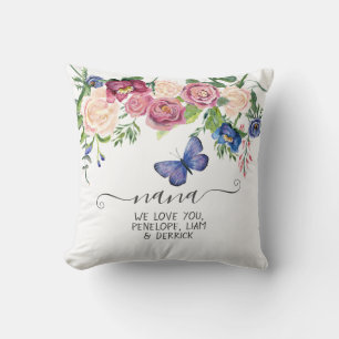 Nana We Love You Watercolor Floral Blue Butterfly Cushion