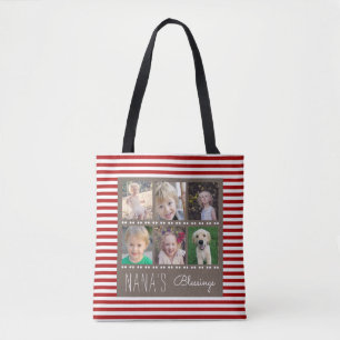 Nana's Blessings Photo Collage Red & White Stripes Tote Bag