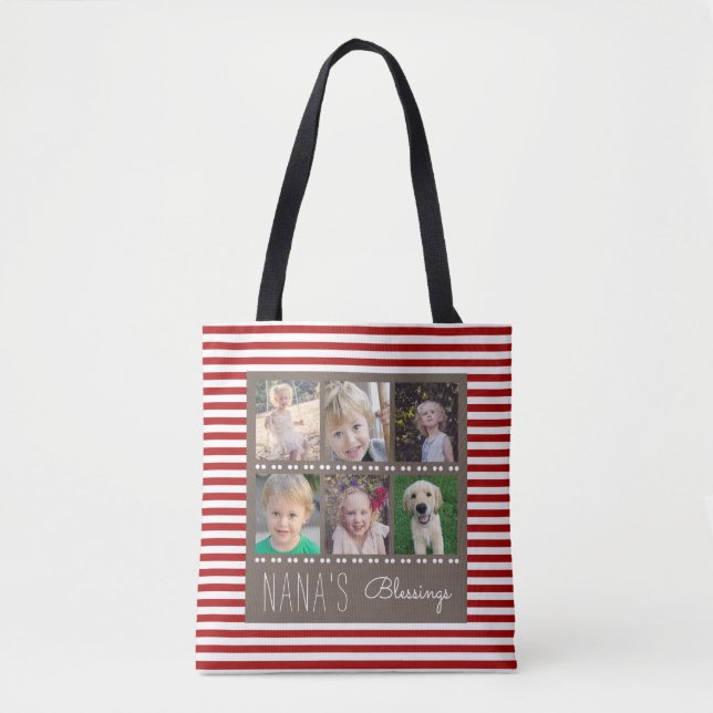 Nana's Blessings Photo Collage Red & White Stripes Tote Bag (Front)