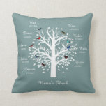 Nana's Flock Family Tree; 9 Birds w Names (blue) Cushion<br><div class="desc">Special Keepsake Throw Pillow for Nana! White Tree on light blue pillow with Names & Dates for children & grandchildren. Base of the trunk says "Nana's Flock", but you can customise with any name/title. Nine colourful birds in the tree, with room to add names and birthdays for up to nine...</div>