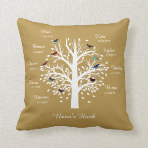 Nana's Flock Family Tree; 9 Birds w Names (gold) Cushion