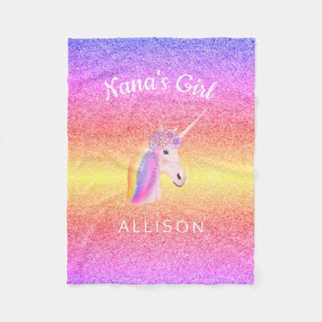 Nanas Girl Unicorn Rainbow Glitter Personalised  Fleece Blanket (Front)