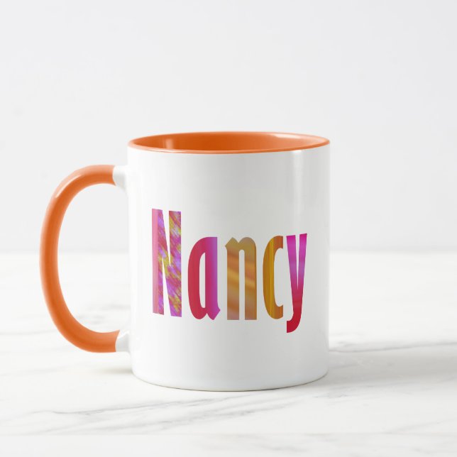 "Nancy" Name, Vivid Colourful Pink Orange Letterin Mug (Left)