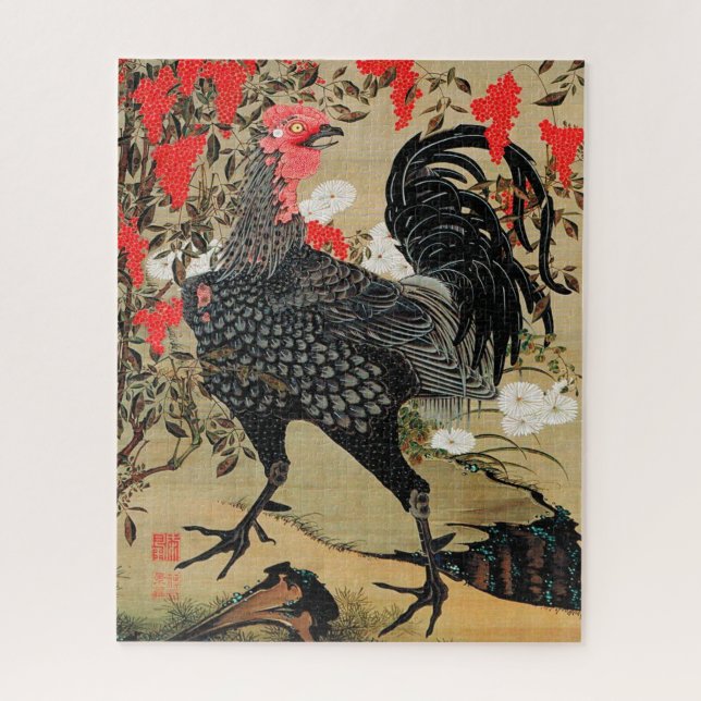Nandina and Rooster Illustration by Ito Jakuchu Jigsaw Puzzle (Vertical)