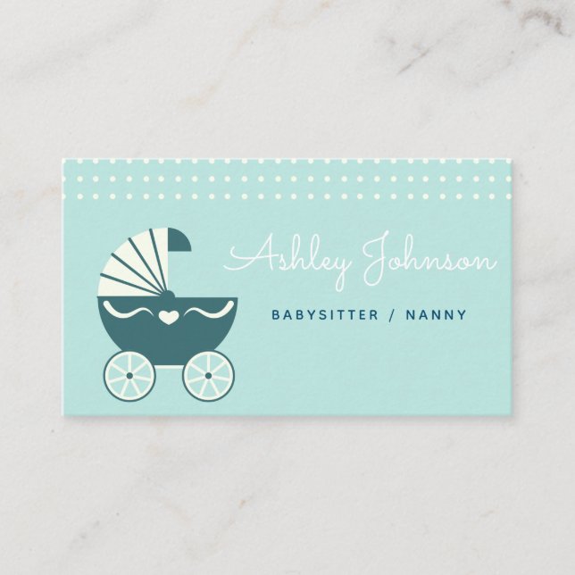 Nanny Babysitter Cute Stroller Baby Blue Elegant  Business Card (Front)