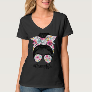 Nanny Life Messy Hair Bun Floral Women Mother's Da T-Shirt