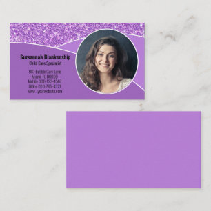 Nanny Professional Photo Purple Faux Glitter Business Card