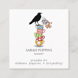 Nanny Whimsical Watercolor Crow & Tea Cups Square Business Card