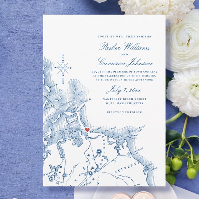 Nantasket Beach Resort Map Elegant Navy Wedding Invitation (Nantasket Beach Resort Hull MA Wedding Invitation with elegant navy blue South Shore map)