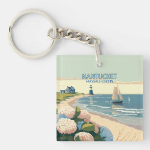 Nantucket Beach Hydrangeas Lighthouse Boat Retro Key Ring
