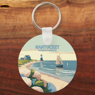 Nantucket Beach Hydrangeas Lighthouse Boat Retro Key Ring