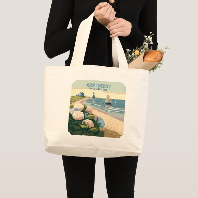 Nantucket Beach Hydrangeas Lighthouse Boat Retro Large Tote Bag (Front (Product))
