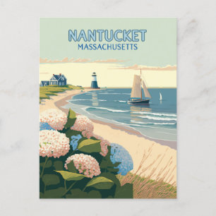 Nantucket Beach Hydrangeas Lighthouse Boat Retro Postcard