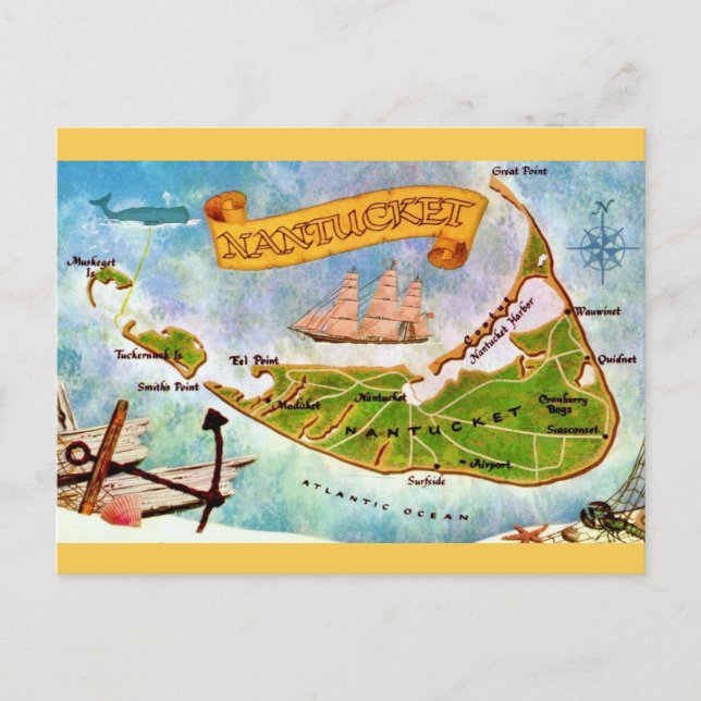  Nantucket Island MA Map Postcard (Front)