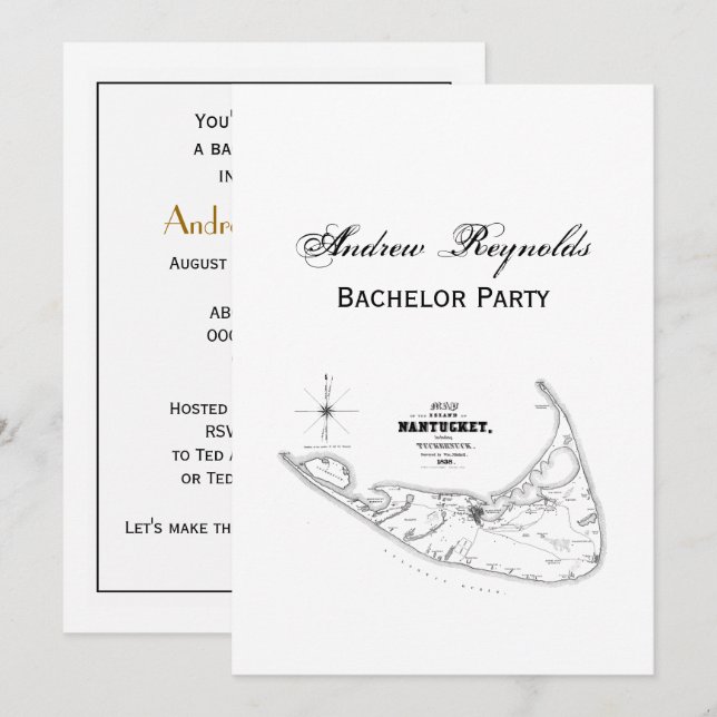 Nantucket Island MA Vintage Map Black Invitation (Front/Back)