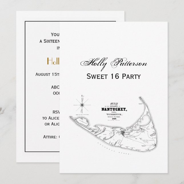 Nantucket Island MA Vintage Map Black Invitation (Front/Back)