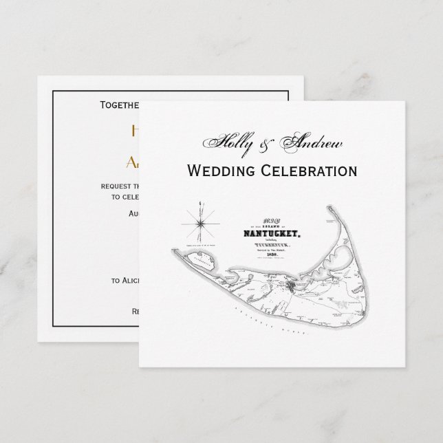 Nantucket Island MA Vintage Map Black Invitation (Front/Back)