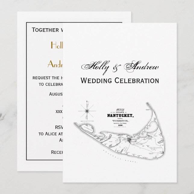 Nantucket Island MA Vintage Map Black Invitation (Front/Back)