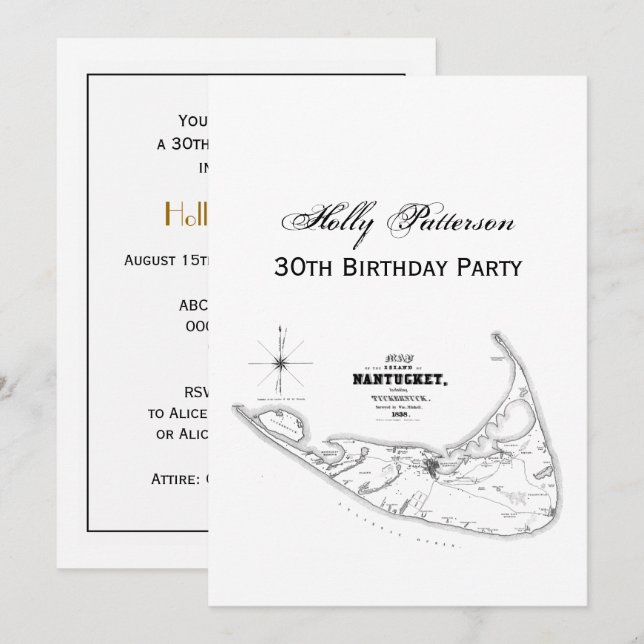 Nantucket Island MA Vintage Map Black Invitation (Front/Back)