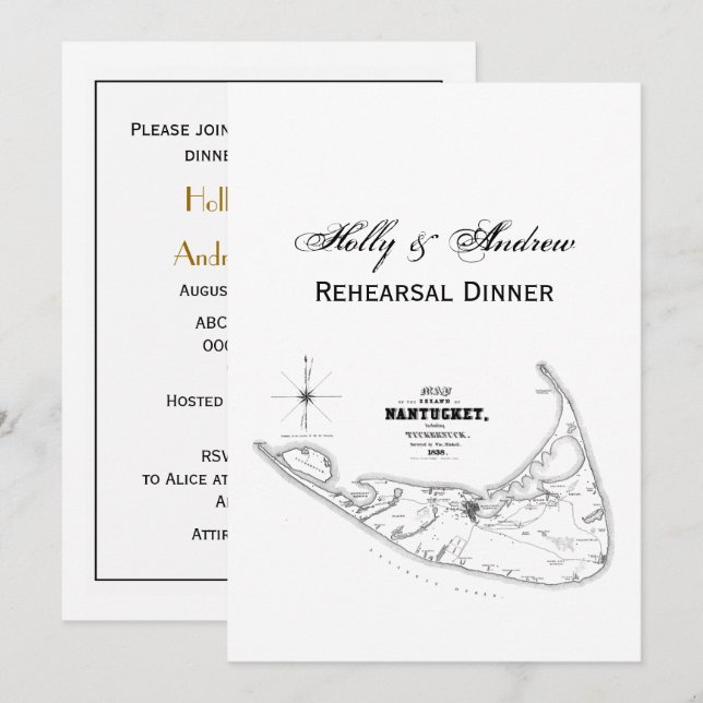 Nantucket Island MA Vintage Map Black Invitation (Front/Back)