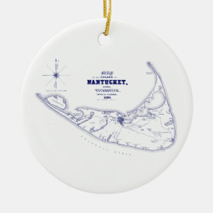 Nantucket Island MA Vintage Map Navy Blue Ceramic Tree Decoration
