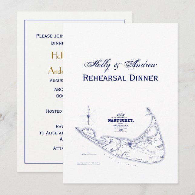 Nantucket Island MA Vintage Map Navy Blue Invitation (Front/Back)