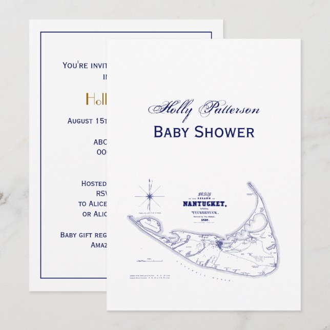 Nantucket Island MA Vintage Map Navy Blue Invitation (Front/Back)