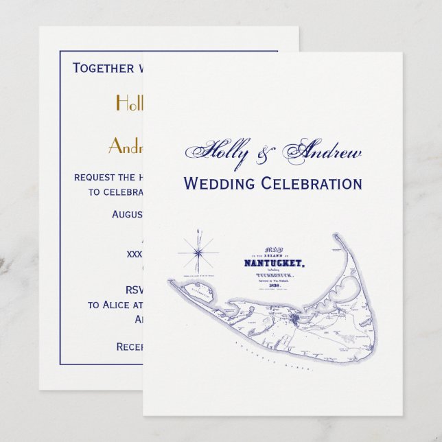 Nantucket Island MA Vintage Map Navy Blue Invitation (Front/Back)