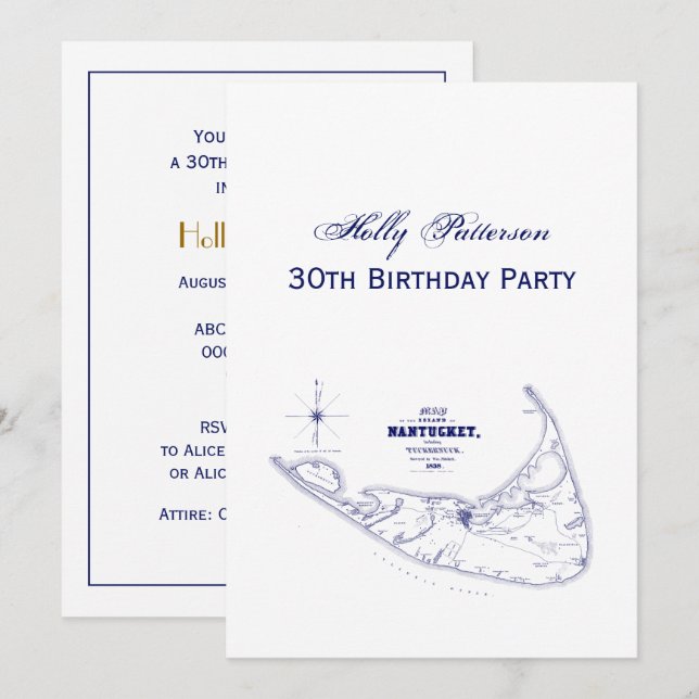 Nantucket Island MA Vintage Map Navy Blue Invitation (Front/Back)
