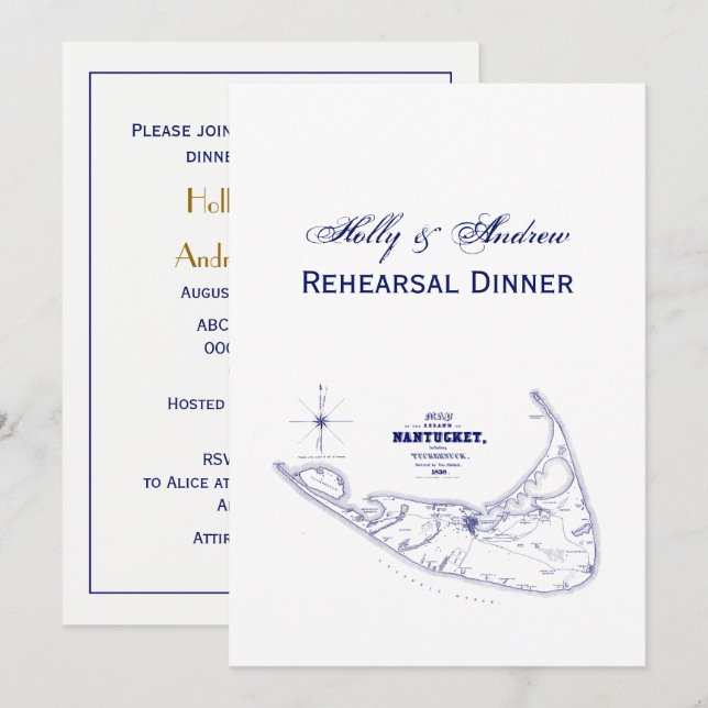 Nantucket Island MA Vintage Map Navy Blue Invitation (Front/Back)