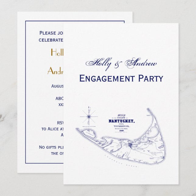 Nantucket Island MA Vintage Map Navy Blue Invitation (Front/Back)