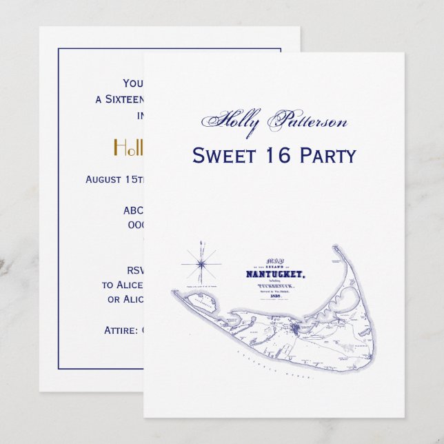 Nantucket Island MA Vintage Map Navy Blue Invitation (Front/Back)