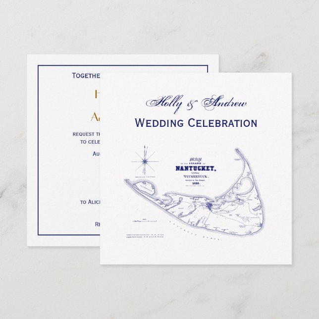 Nantucket Island MA Vintage Map Navy Blue Invitation (Front/Back)