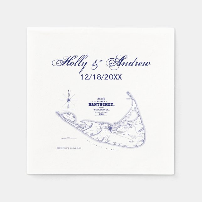 Nantucket Island MA Vintage Map Navy Blue Napkin (Front)