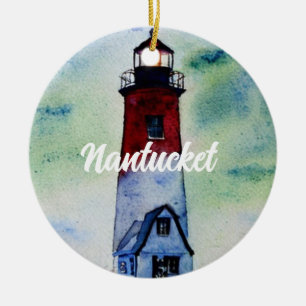 Nantucket Massachusetts Lighthouse Watercolor Ceramic Tree Decoration