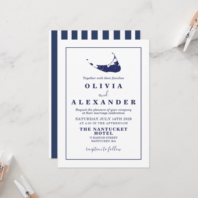 Nantucket navy blue wedding Invitation (Front/Back In Situ)