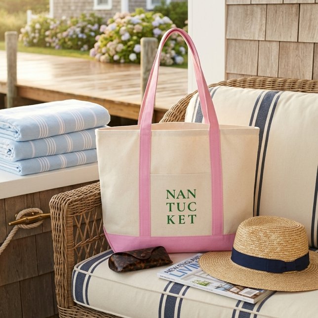Nantucket Pink & Green Preppy Coastal  Tote Bag (Display photo produced by AI)