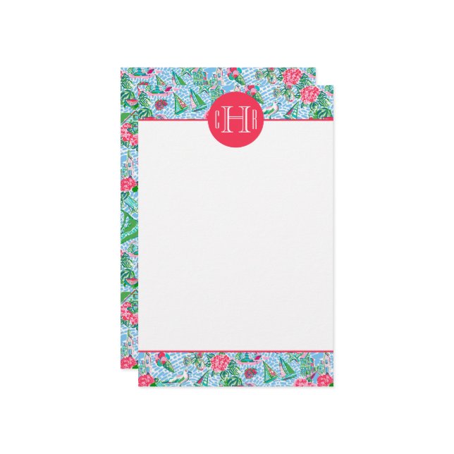 Nantucket Preppy Palm Beach Pattern Monogrammed Stationery (Front/Back In Situ)