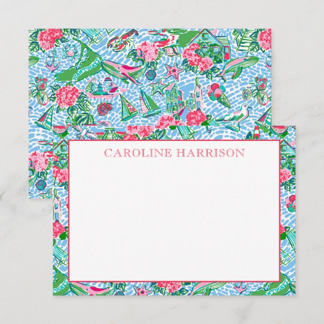 Nantucket Preppy Palm Beach Pattern Monogrammed Thank You Card (Front/Back)