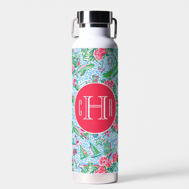 Nantucket Preppy Palm Beach Print Monogrammed Water Bottle (Front)