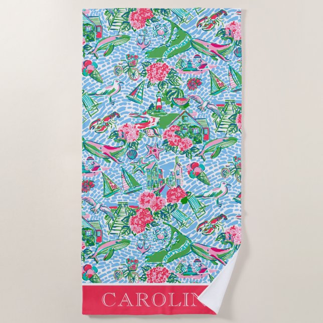 Nantucket Preppy Palm Beach Print Personalised Towel (Front)