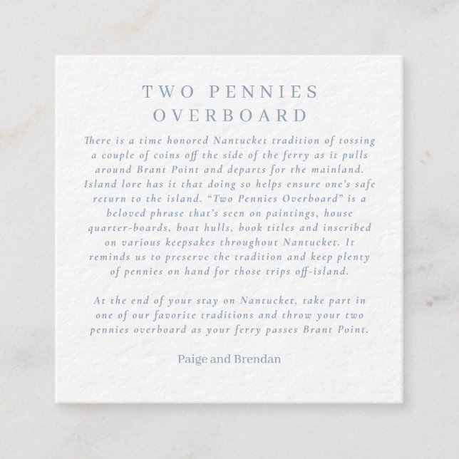 Nantucket Wedding Favour - Two Pennies Overboard Enclosure Card (Front)