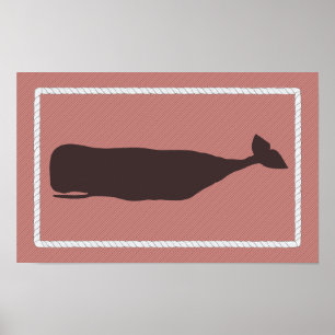 Nantucket Whale Nautical Poster in Faded Coral Red