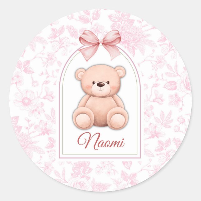 Naomi | Custom Pink Teddy Bear Nursery Design  Classic Round Sticker (Front)