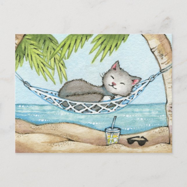 Nap in Paradise - Cute Island Vacation Cat Art Postcard (Front)