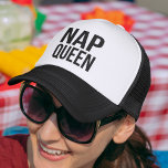 Nap Queen Trucker Hat<br><div class="desc">Hey,  lazy girl. Show off your love for the mid-day snooze with this punny design. Black and white trucker hat features a play on "Trap Queen" with “Nap Queen” in clean black text.</div>