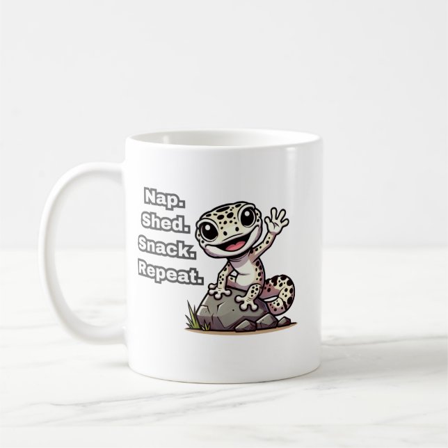 Nap. Shed. Snack. Repeat. Funny Leopard Gecko Coffee Mug (Left)