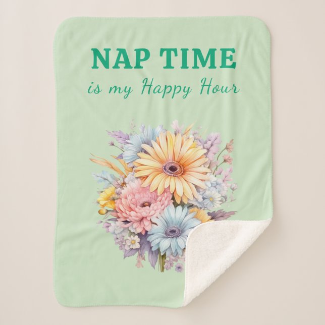Nap time happy hour flowers green sherpa blanket (Front)