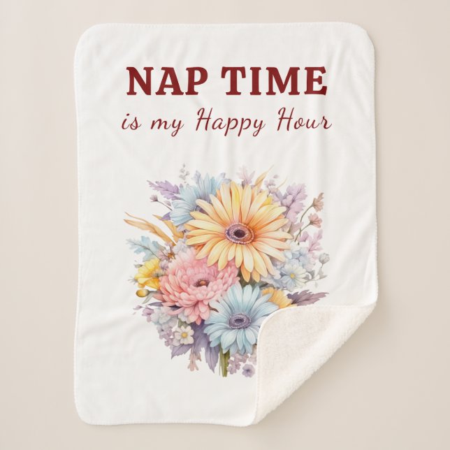 Nap time happy hour flowers white burgundy sherpa blanket (Front)